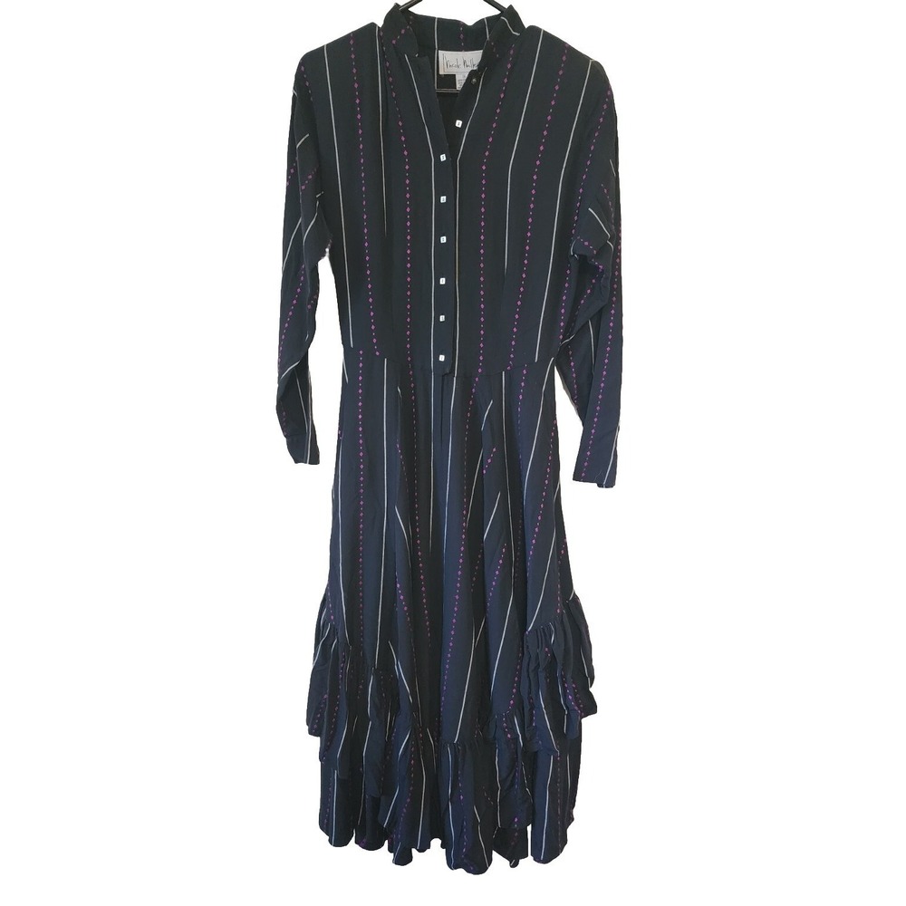 Vintage Nicole Miller Dress Ruffled Skirt Long Sleeve Embroidered Sz 4 Y2K